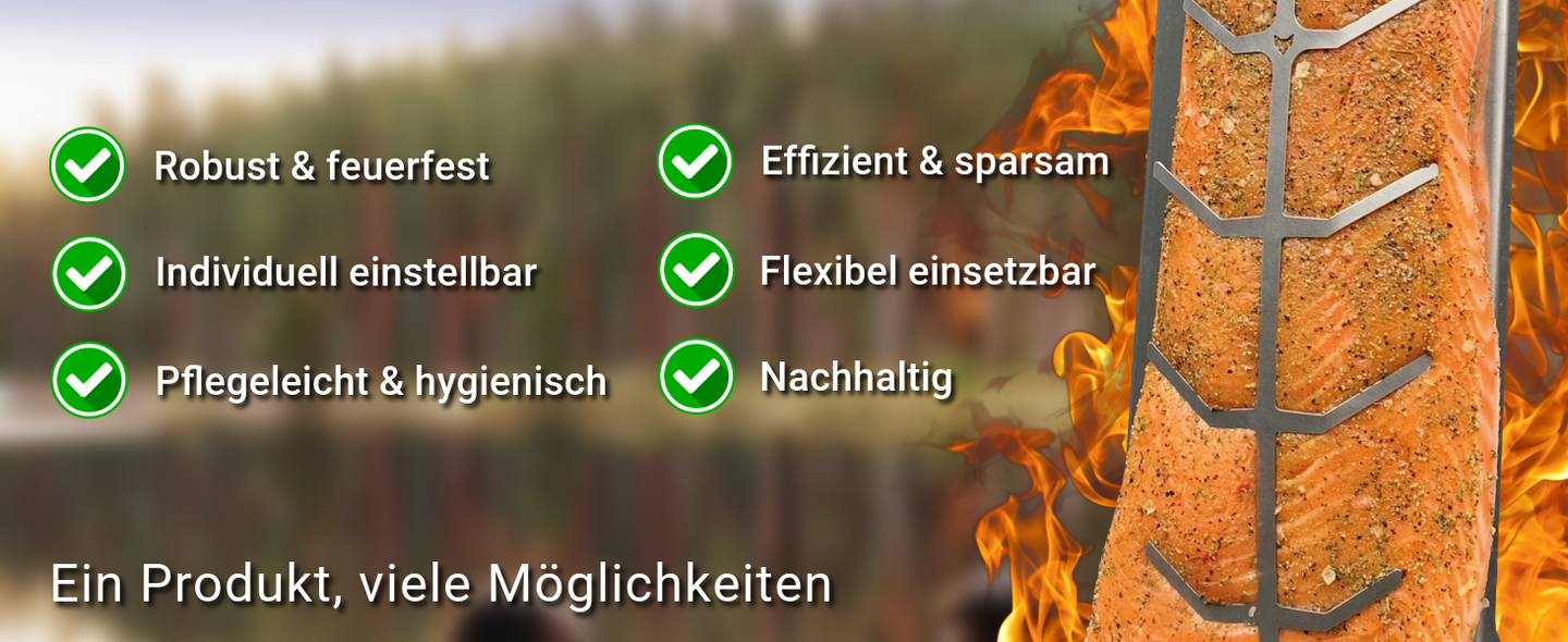 Rechts im Bild sieht man den FENNEK Flammlachshalter und dahinter sind Flammen. Links im Bild sind sechs Vorteile vom Flammachshalter aufgelistet.