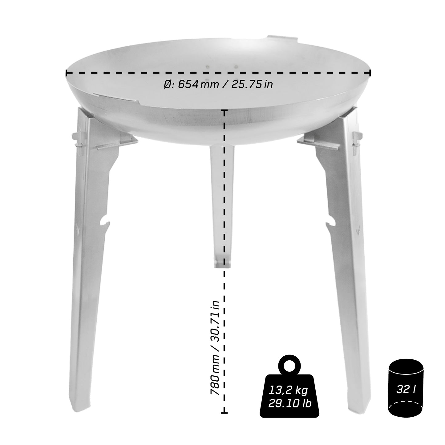 Edelstahl Feuerschale freigestellt auf weißem Hintergrund mit Angaben zu Gewicht, Höhe, Breite und Volumen.