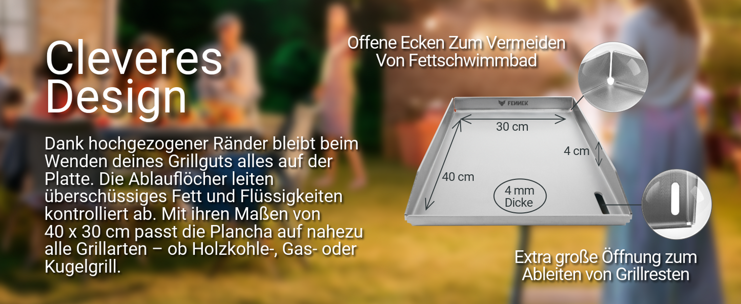 Bild zeigt einen kurzen Erkärtext zur FENNEK Plancha und die Darstellung der Maße.