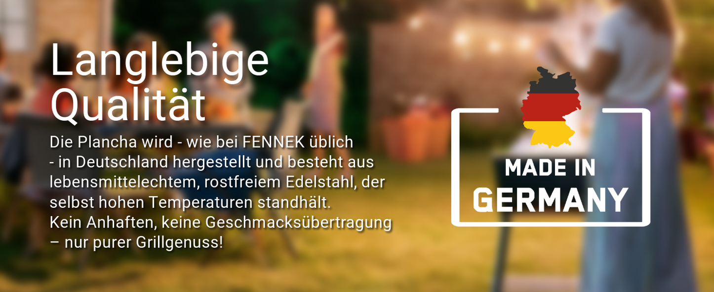Bild zeigt einen kurzen Text, welcher die langlebige Qualität von FENNEK beschreibt. Neben dem Text sieht man auch ein kleines Made in Germany Symbol.