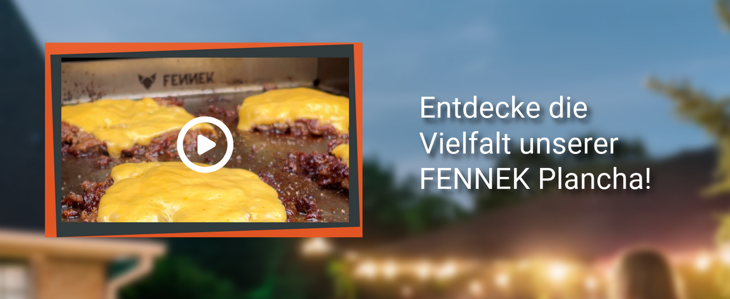 Bild zeigt das Thumbnail zum Produktvideo der FENNEK Plancha, hinterlegt ist auch der Link zum Video.