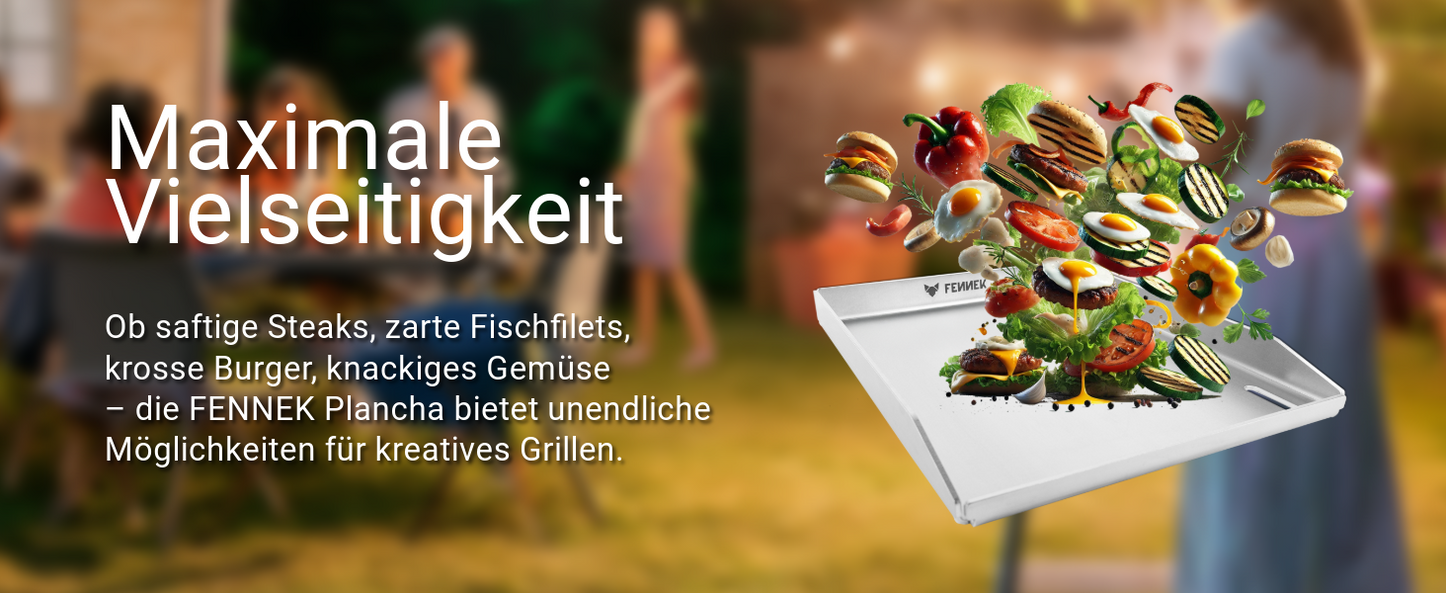 Bild zeigt die FENNEK Plancha mit ganz viel verschiedenem Grillgut, welches die maximale Vielseitigkeit verdeutlichen soll. Außerdem steht links von der Plancha ein kurzer Erklärtext.