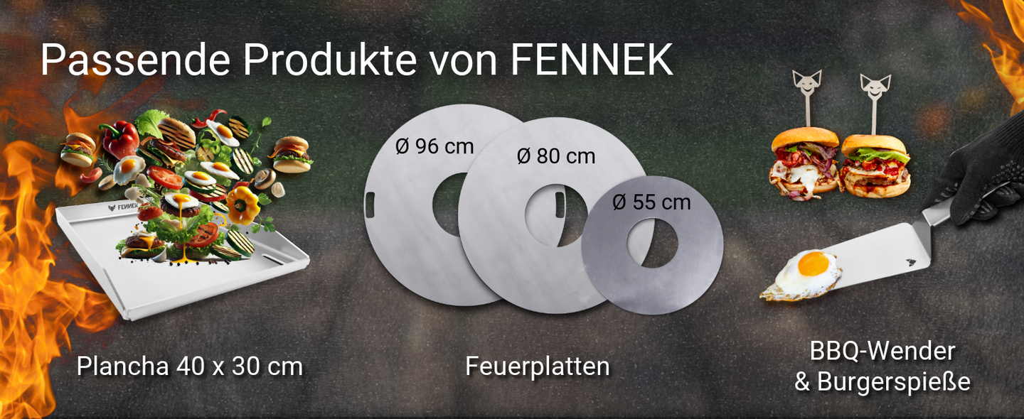 Bild zeigt passende FENNEK Produkte zum FENNEK Smasher: Plancha, BBQ Wender und Burgerspieße und die Feuerplatten.