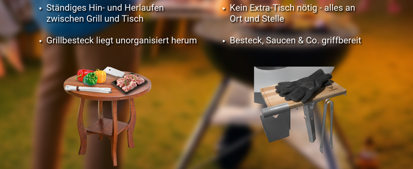 Bild zeigt den Vorteil von dem FENNEK Brett und Besteckhalter für Feuerplatten gegenüber der Nutzung von einem einfachen Tisch. Es wird deutlich, dass mit dem FENNEK Brett und Besteckhalter alles an Ort und Stelle ist und nicht unorganisiert herumliegt.