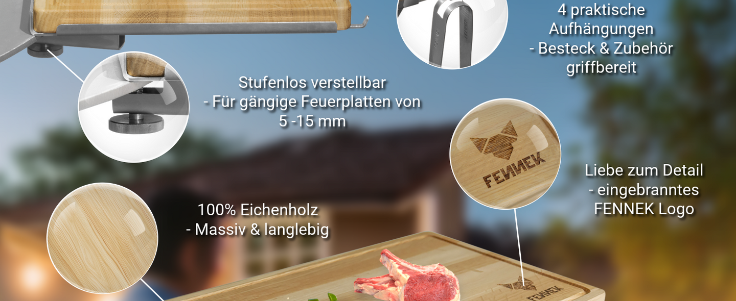 Bild zeigt Detailaufnahmen vom FENNEK Brett und Besteckhalter. Die Fixierung mit der Rändelschraube ermöglicht eine stufenlose Verstellung. Vier praktische Haken zur Aufhängung von Besteck und Zubehör. Ein eingebranntes FENNEK auf dem Schneidebrett aus 100% massiven Eichenholz.