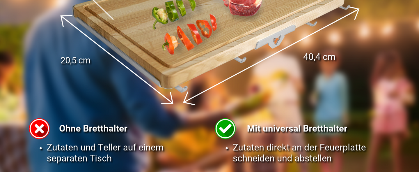 Bild zeigt die Maße vom FENNEK Brett und Besteckhalter. Außerdem sieht man, dass sich dadurch Zutaten direkt an der Feuerplatte schneiden und abstellen lassen.