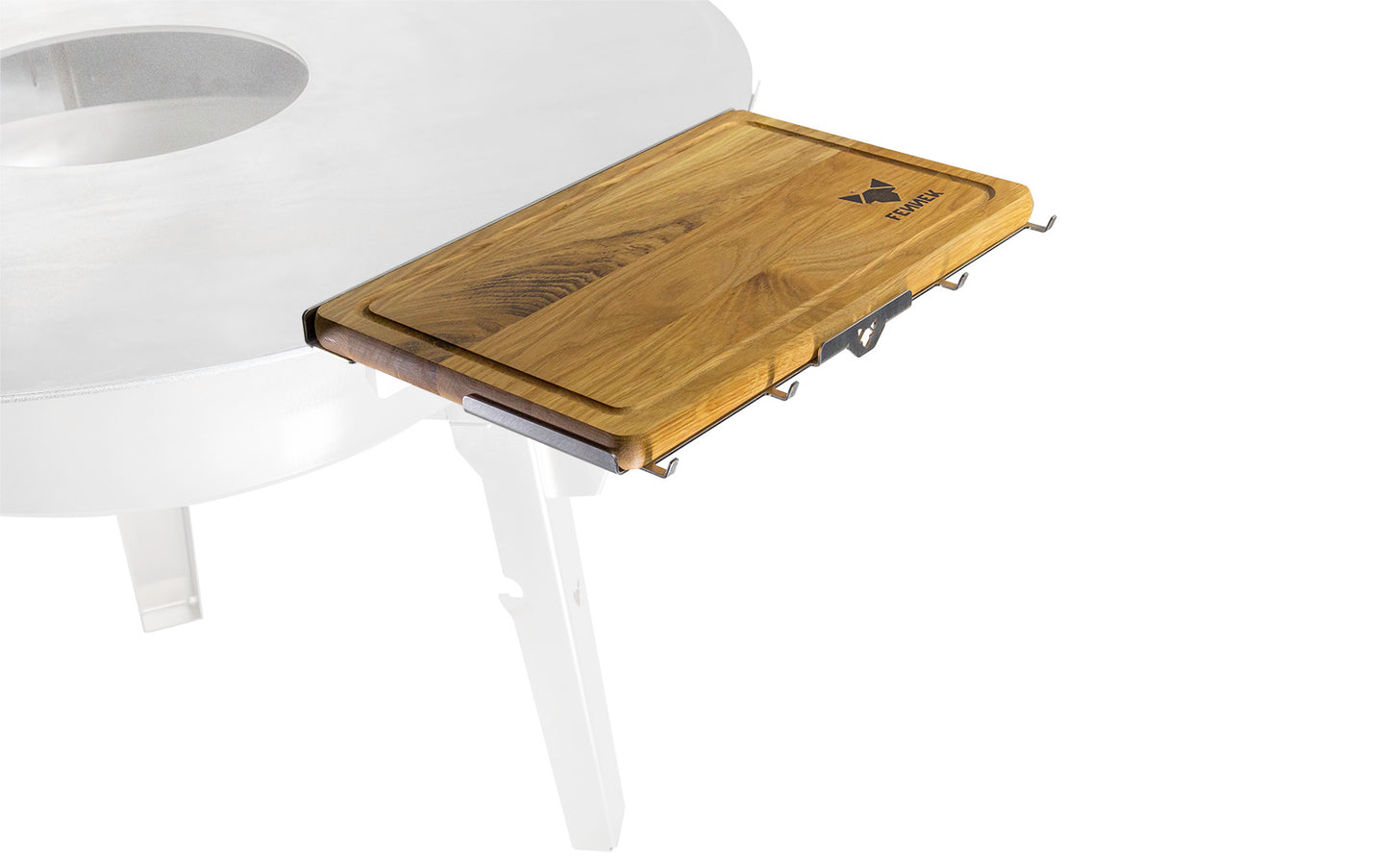 FENNEK BBQ Brett- und Besteckhalter aus Edelstahl mit Schneidebrett aus Holz, passend für die FENNEK Feuerplatte 96 cm.