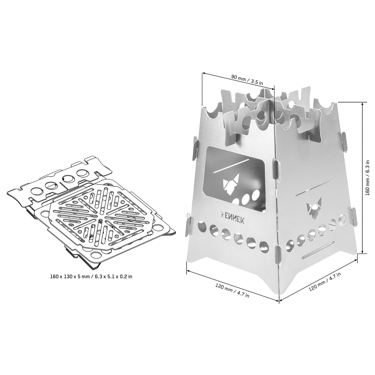 Zeichnung des zusammengelegten Hobo und Foto vom aufgebauten Hobo aus Edelstahl mit FENNEK-Schriftzug und Topfkreuz auf weißem Hintergrund, jeweils mit den zugehörige Maßangaben