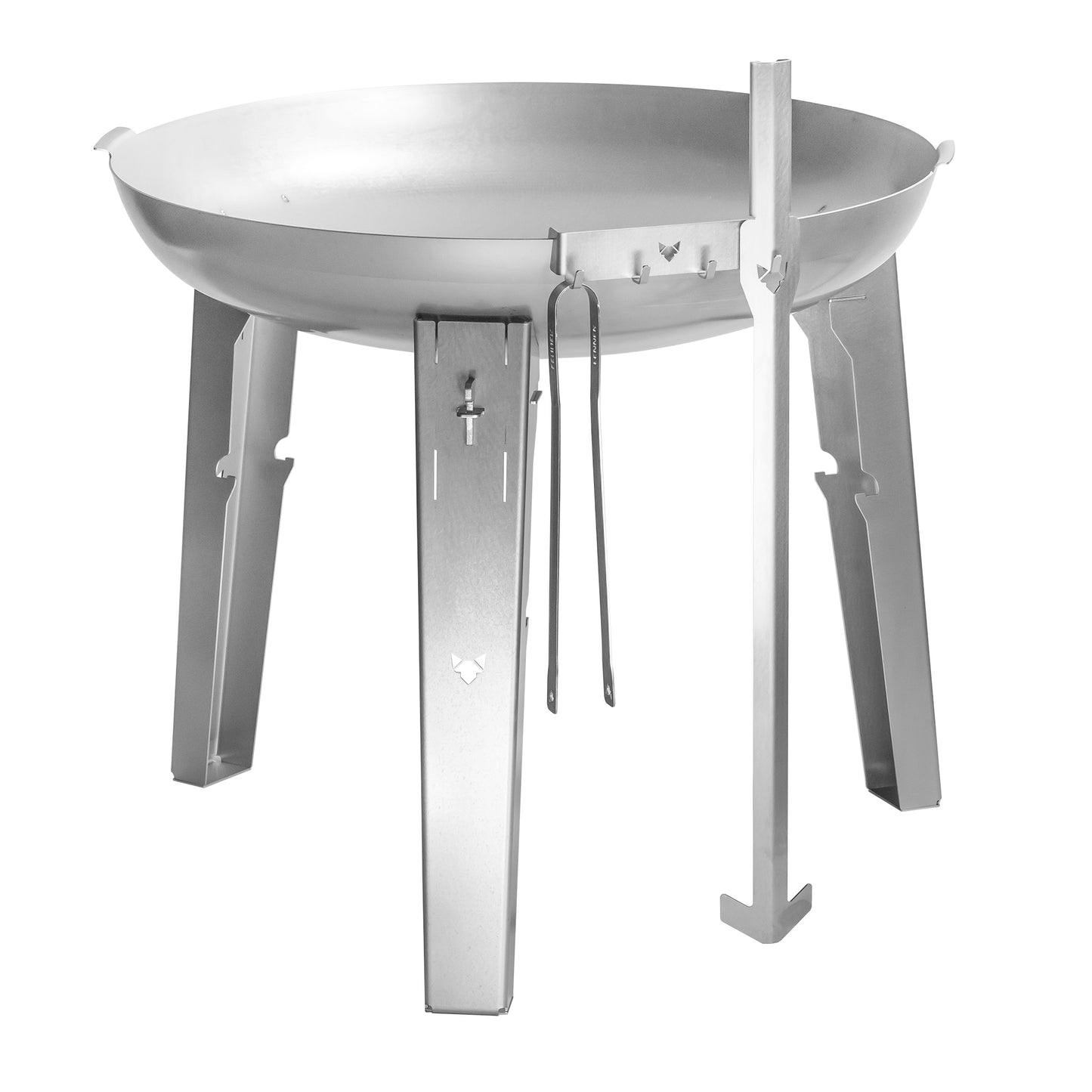 BBQ Grillbesteckhalter mit 4 Haken eingehängt in Feuerschale Allround. Am rechten Haken hängt der FENNEK Schürhaken, am linken die FENNEK Grillzange groß. Die zwei Haken in der Mitte sind frei.
