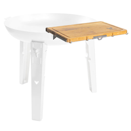 FENNEK BBQ Brett- und Besteckhalter aus Edelstahl mit Schneidebrett aus Holz, passend für die FENNEK Feuerplatte 96 cm.