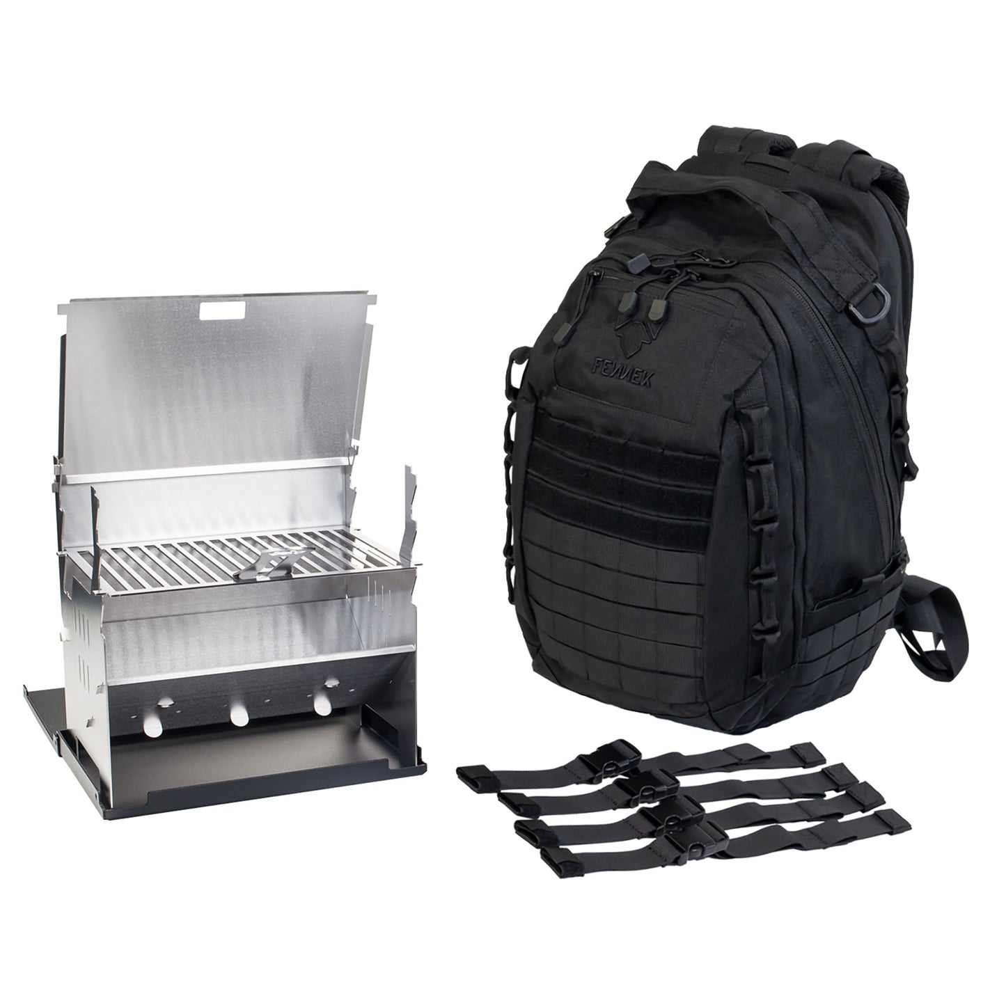 Freisteller FENNEK Grill und FENNEK Backpack One2explore, mit den dazugehörigen Kompressionsgurten.
