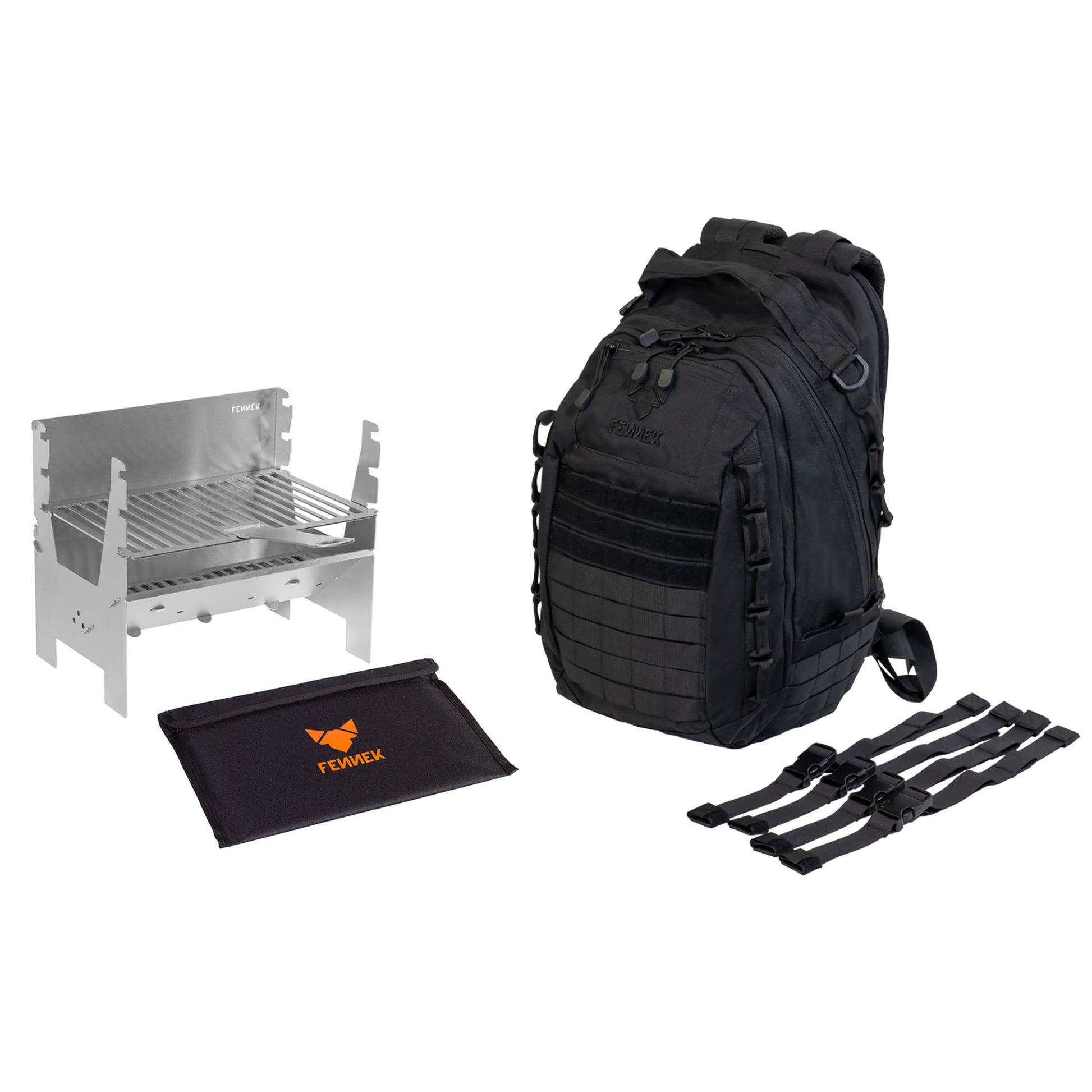Freisteller FENNEK Light mit seiner dazugehörigen Tasche und  daneben der FENNEK Backpack One2explore, mit den dazugehörigen Kompressionsgurten.
