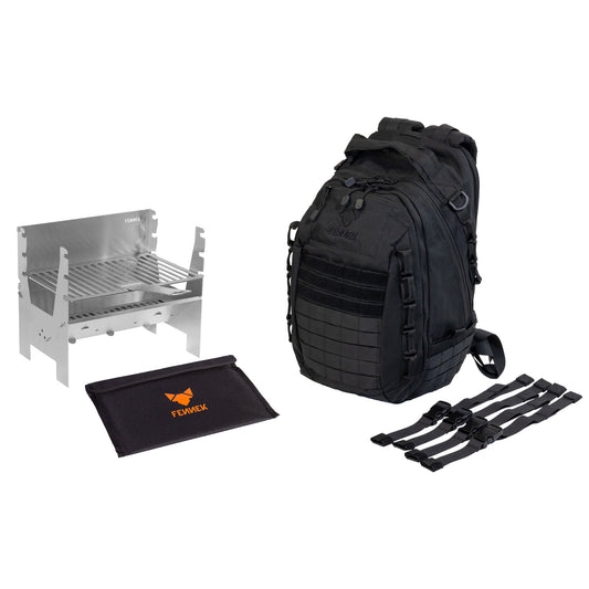 Freisteller FENNEK Light mit seiner dazugehörigen Tasche und  daneben der FENNEK Backpack One2explore, mit den dazugehörigen Kompressionsgurten.