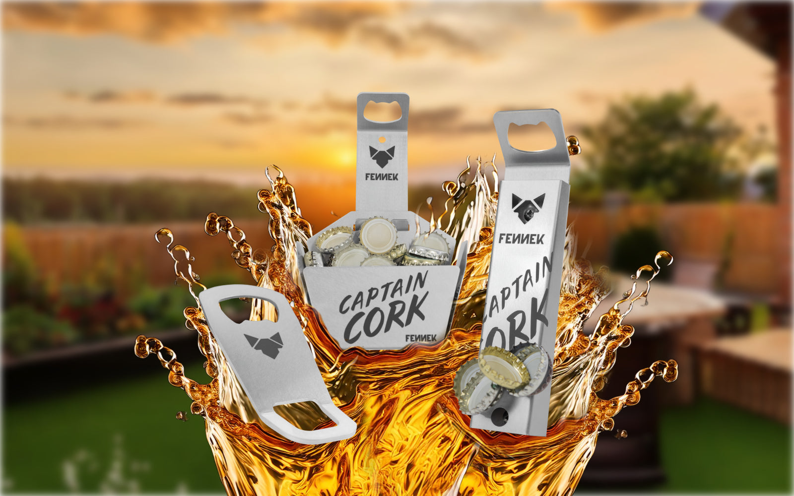 Drei FENNEK Captain Cork Flaschenöffner schweben über etwas Bier. Im Hintergrund sieht man einen Garten in abendlicher Stimmung.