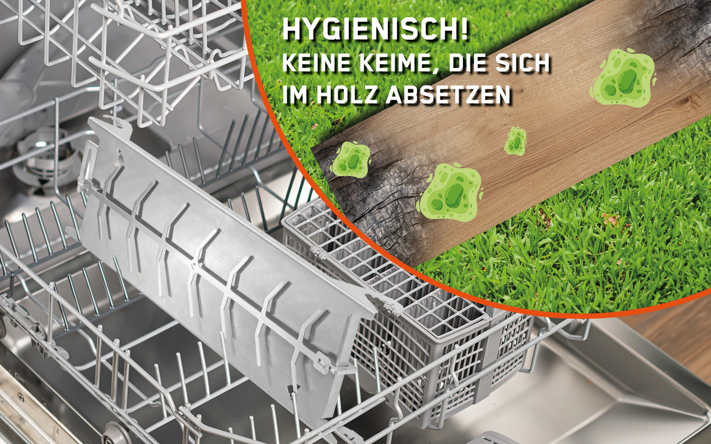 Flammlachshalterung in Spülmaschine. Detailbild mit verbranntem Brett und Text: Hygienisch! Keine Keime, die sich im Holz absetzen!