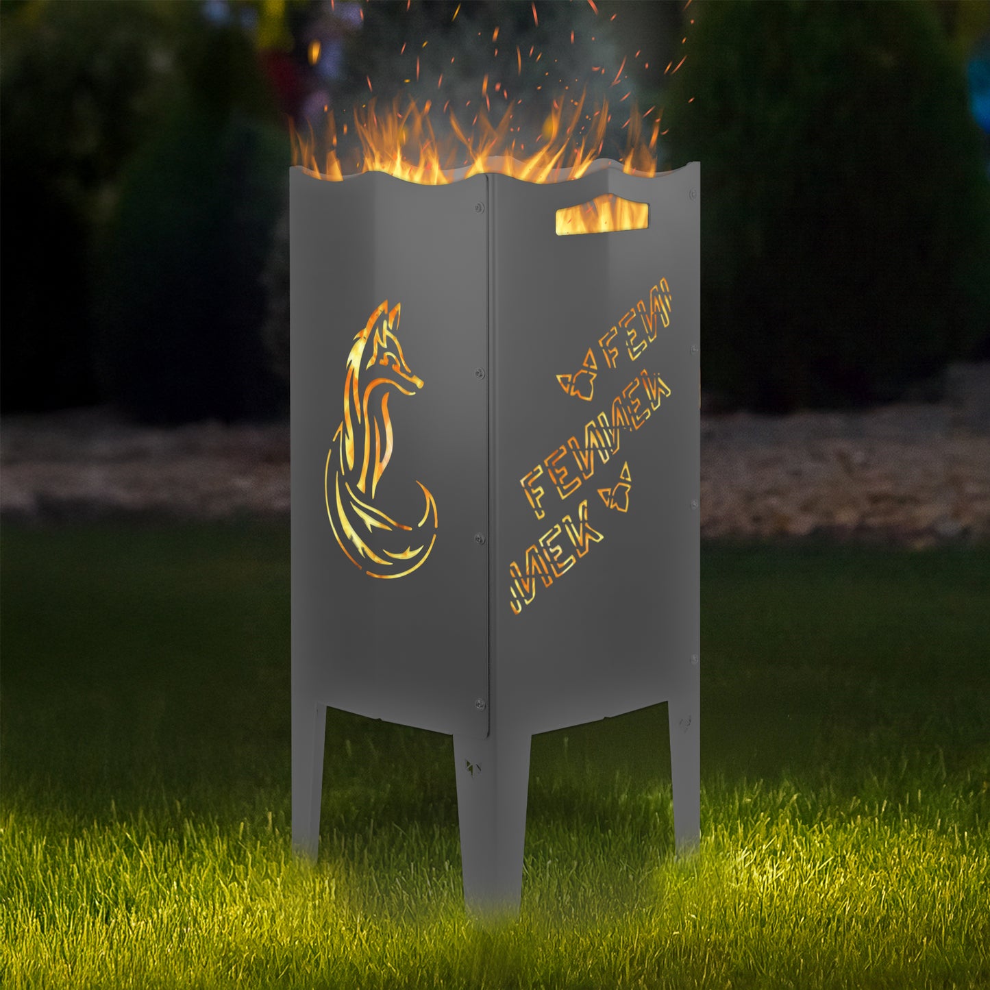 Szenefoto der FENNEK Feuersäule mit FENNEK Logo