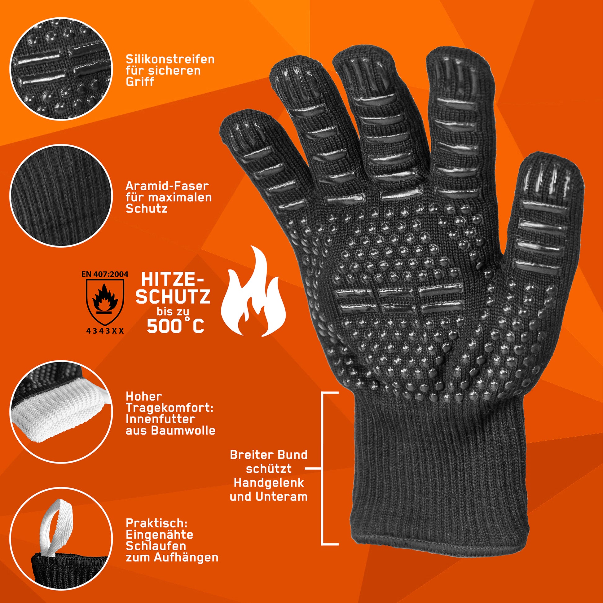 Schaubild mit schwarzem Grillhandschuh aus Stoff mit Silikon-Noppen, zeigt Vorteile und Features.