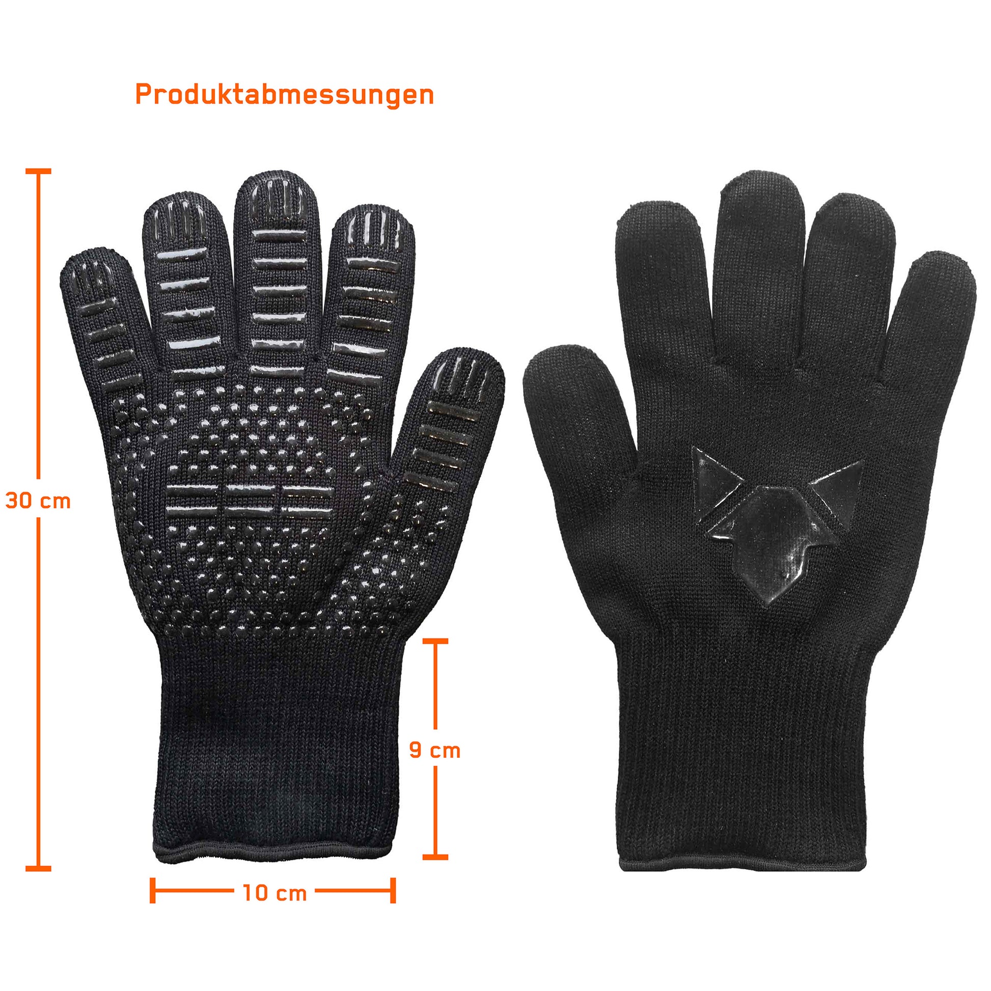 Freisteller der FENNEK Grillhandschuhe mit angegebenen Längenmaßen.