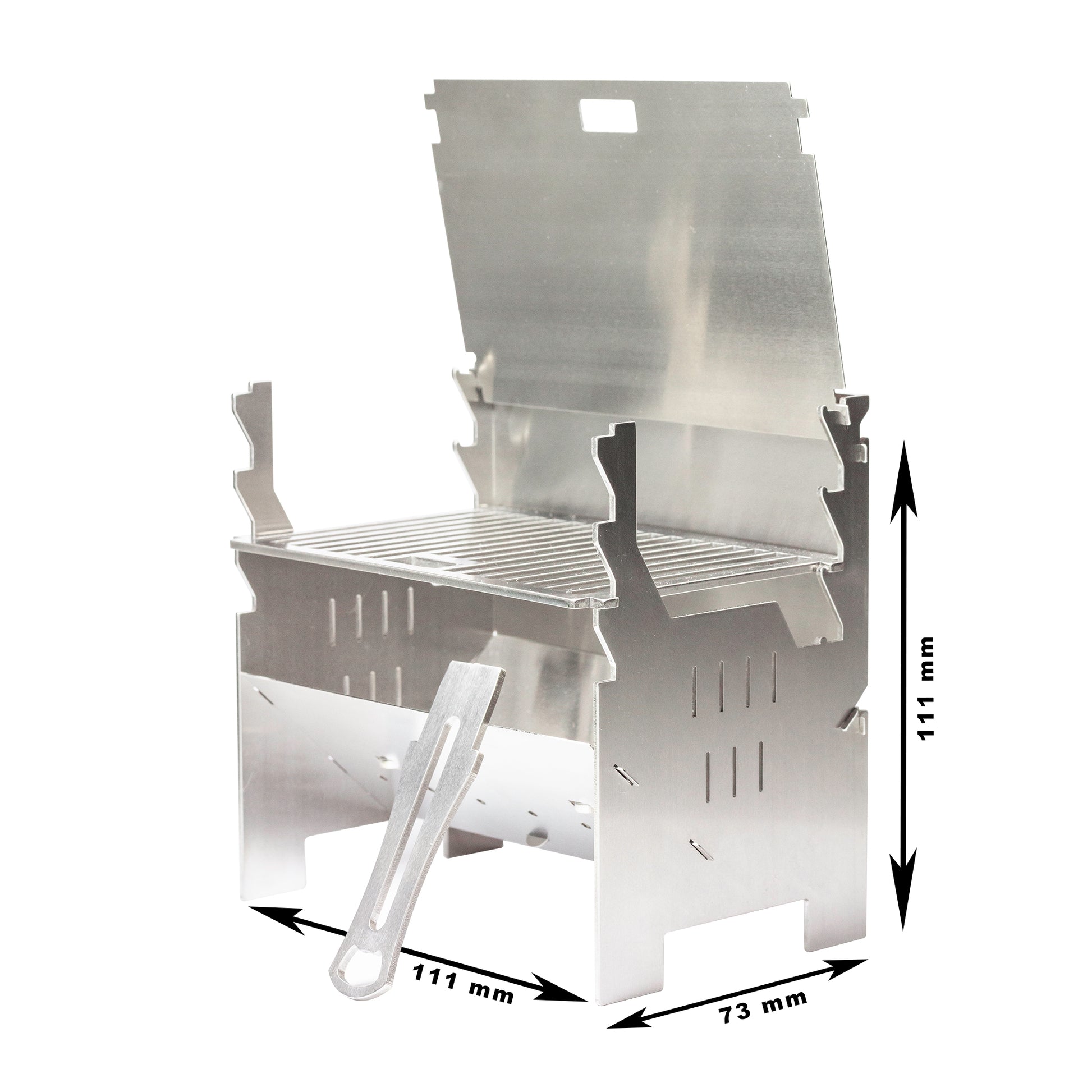 FENNEK Miniatur Grill zum Servieren mit Größenangaben.