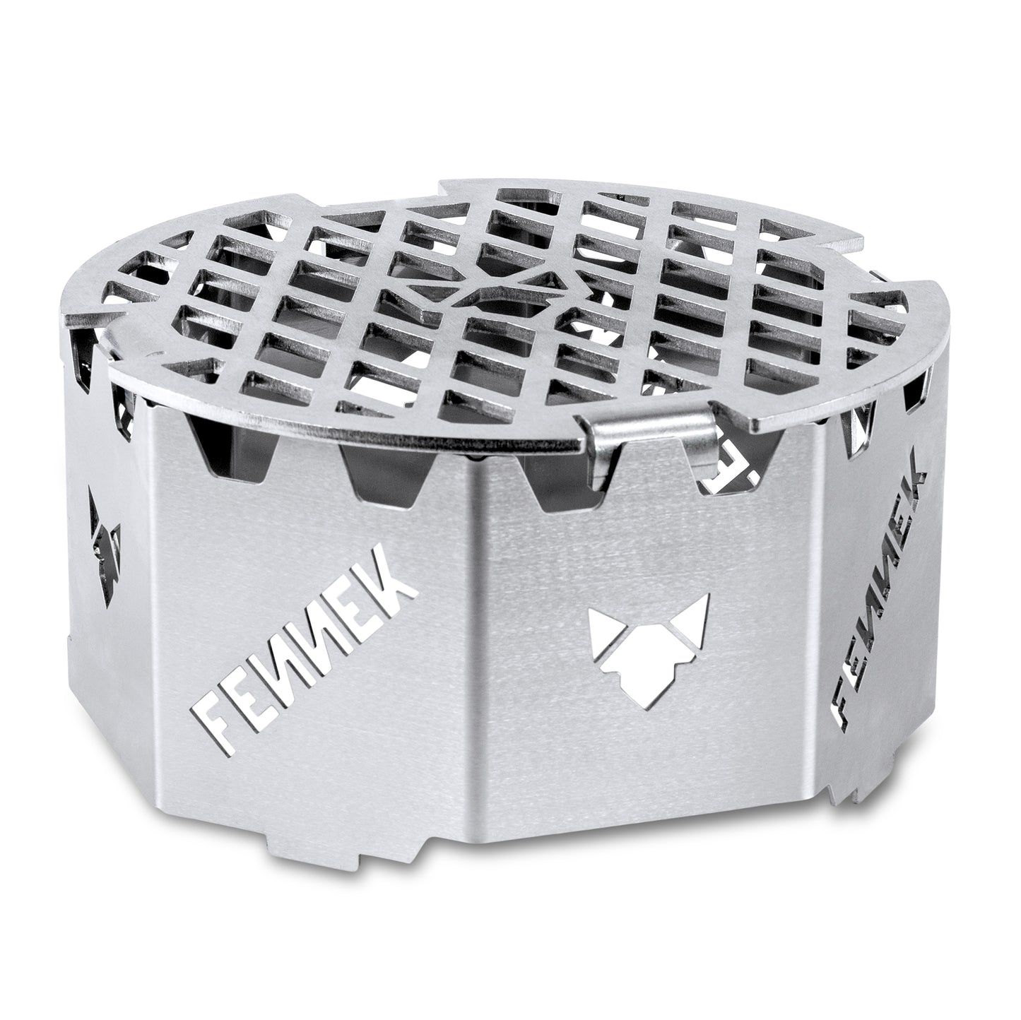 Freisteller vom FENNEK Grillrost aus 4,0 mm dickem Edelstahl für Feuerplatten und Grillringe mit 20er Öffnung. Montiert auf dem FENNEK Wok-Aufsatz aus Edelstahl. Made in Germany.