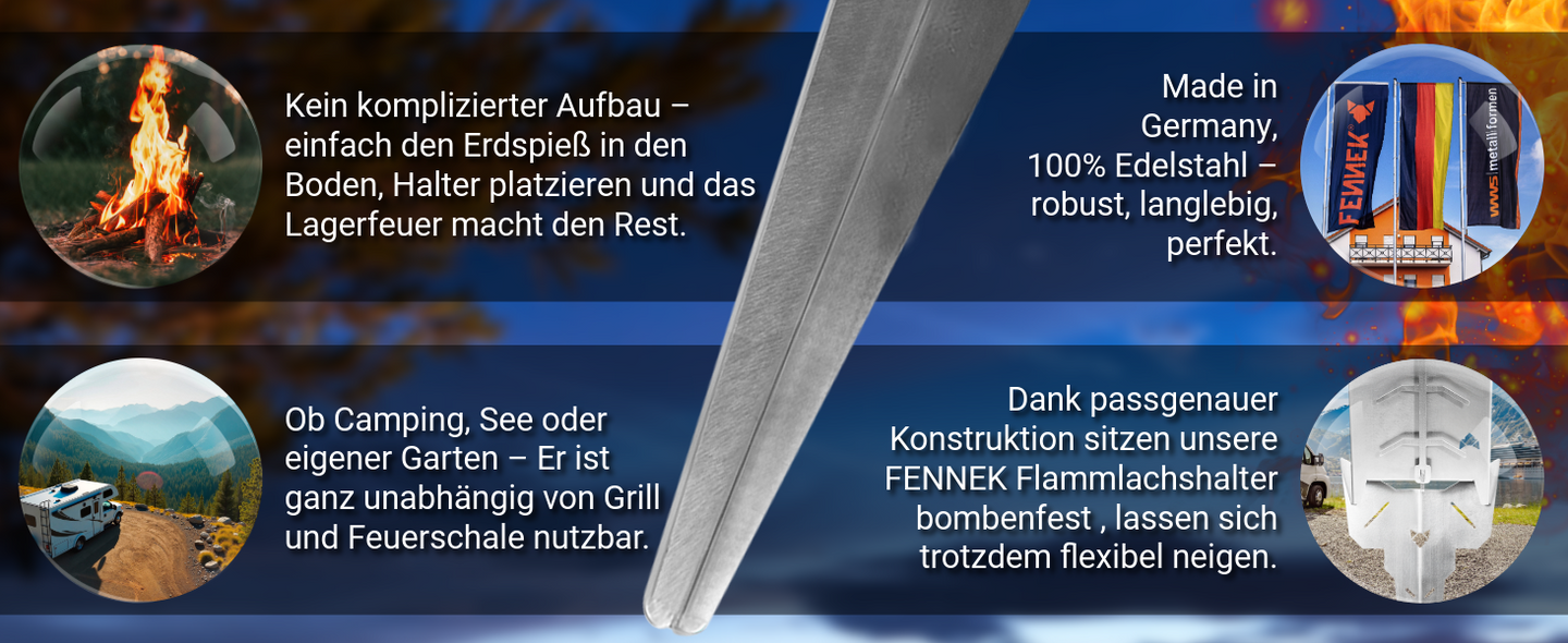 Bild zeigt vier Vorteile vom FENNEK Erdspieß: den unkomplizierten Aufbau, die unabhängige Nutzung, die passgenaue Konstruktion und die Langlebigkeit, dank der Produktion Made in Germany.