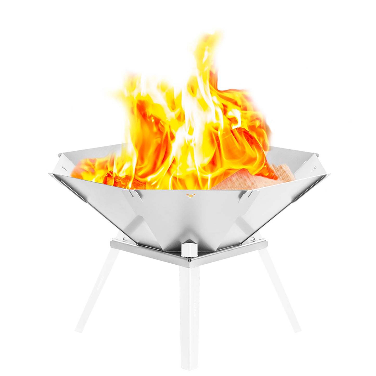 Freisteller Fennek Feuerschale Oktagon mit brennendem Holz darin und montierten Füßen.
