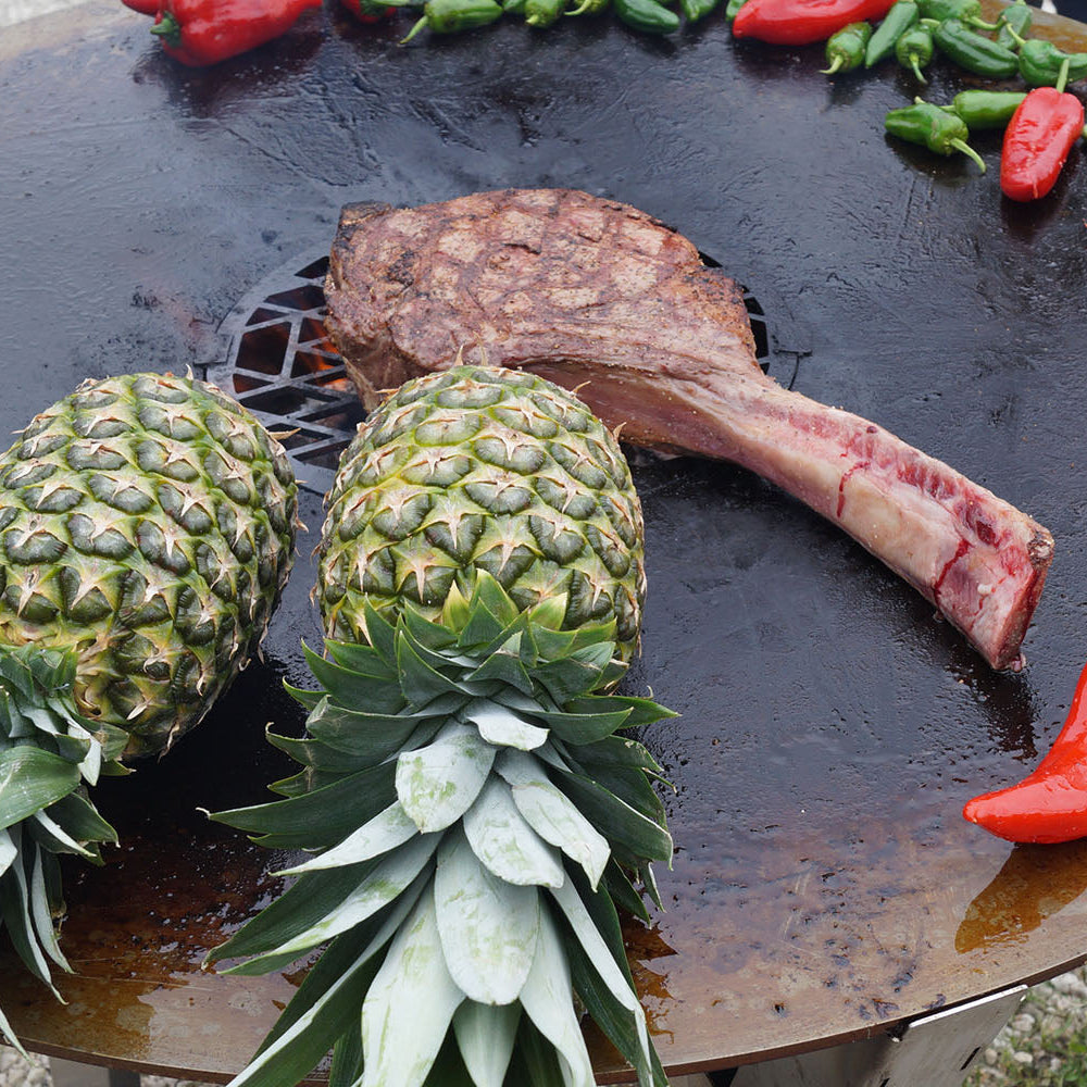 Feuerplatte in Aktion mit saftigem grünen und rotem Gemüse sowie ein großes Stück Fleisch.
