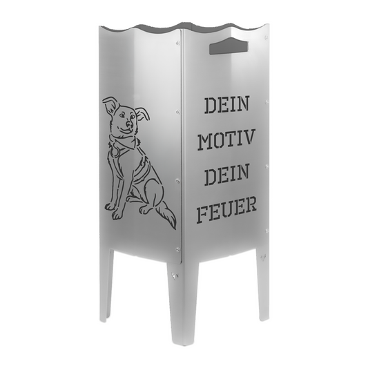 FENNEK Feuersäule mit eigenem Bild, Logo oder Motiv. Einfach Bild schicken und ganz persönliche Feuertonne erhalten. Made in Germany. Aus Stahl oder Edelstahl.
