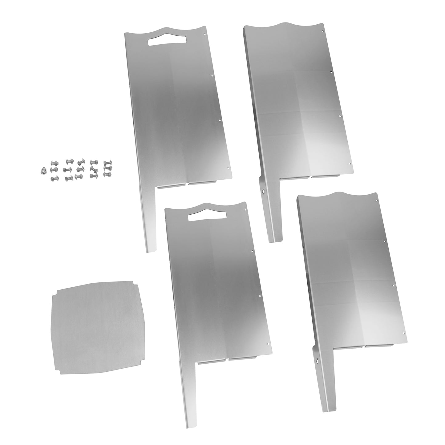 Freisteller der vier Seitenteile der FENNENK Feuersäule, Bodenblech und der 16 Schrauben + Muttern.