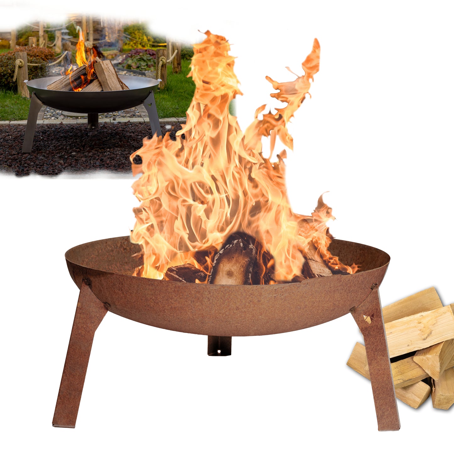 Titelbild der FENNEK Feuerschale 3Pod Stahl, in ihr brennt Holz. Neben der Feuerschale liegen ein paar Holzscheite. Im Hintergrund ist die Feuerschale in Aktion zu sehen. Sie steht dort in einem Garten und Feuer brennt.