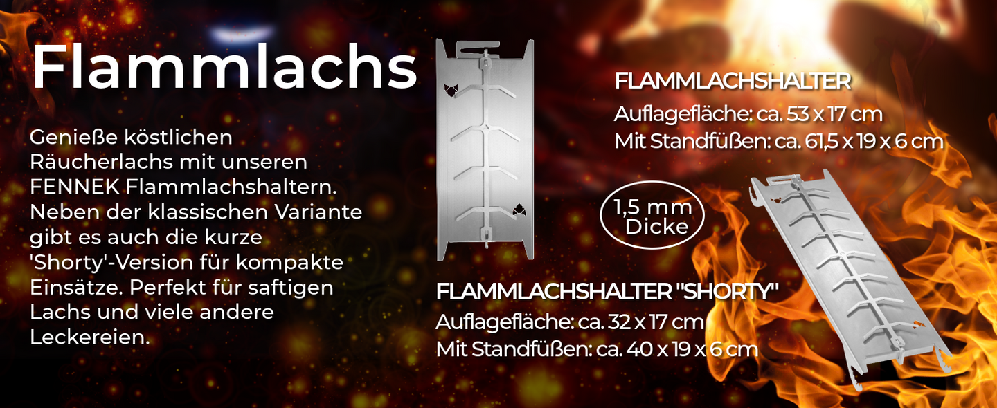 Bild zeigt den FENNEK Flammlachshalter und die kleinere "Shorty" Version. Bei beiden Flammlachshaltern sind die Maße angegeben.
