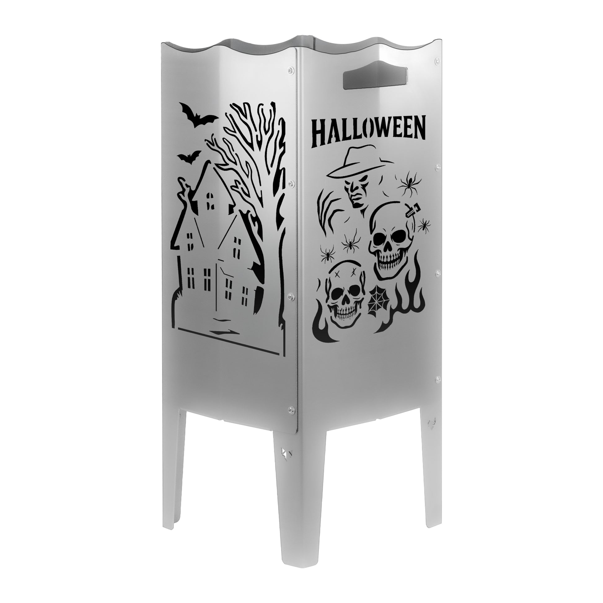 Feuersäule aus Stahl oder Edelstahl mit verschiedenen Motiven und Bildern. Hergestellt in Deutschland. Wählbare Motive. Halloween Bilder auf Feuersäule.