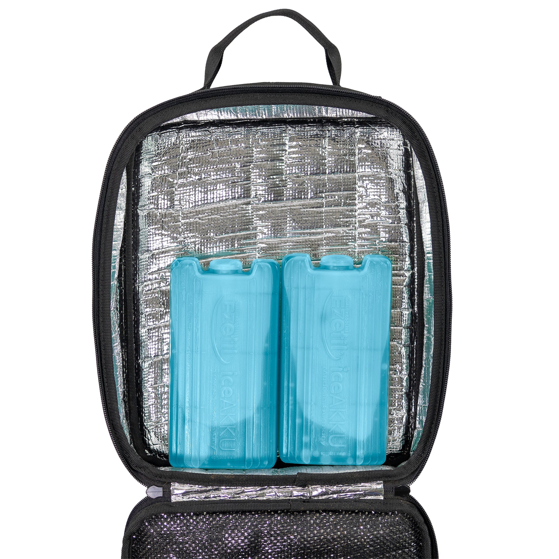 Freisteller der geöffneten Kühltasche mit zwei Kühlakkus drin.