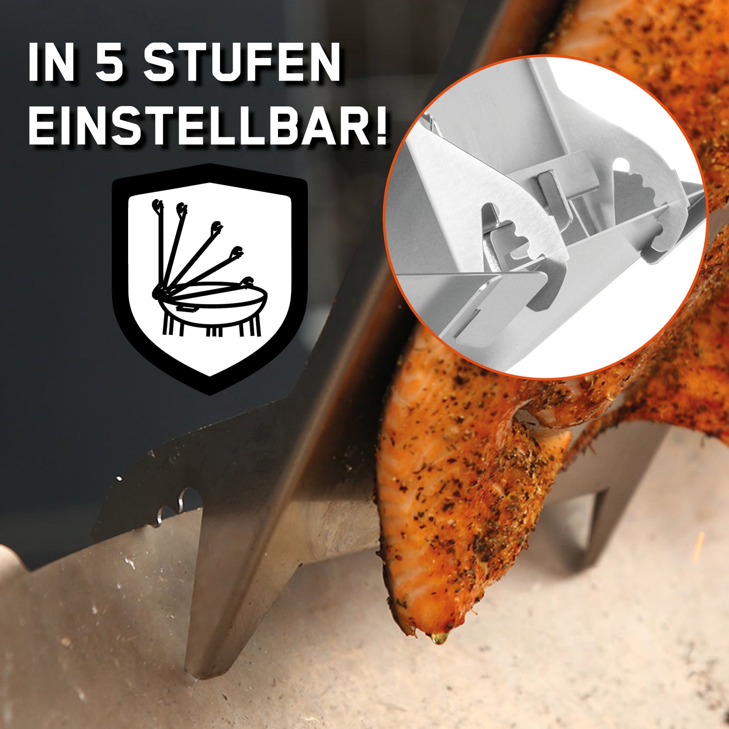 Nahaufnahme auf den gegrillten Flammlachs der sich in der Halterung des Edelstahl-Flammlachshalters befindet.