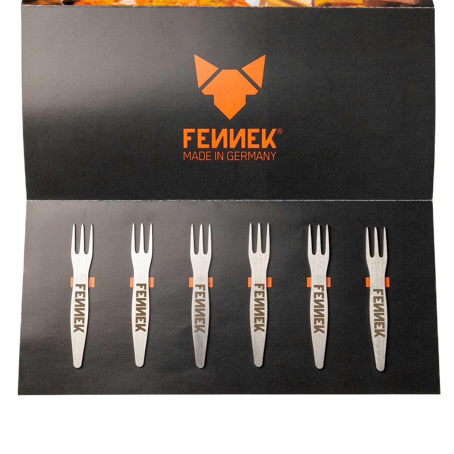 6 FENNEK Edelstahl Pieker liegen in ihrer vorgesehenen Verpackung