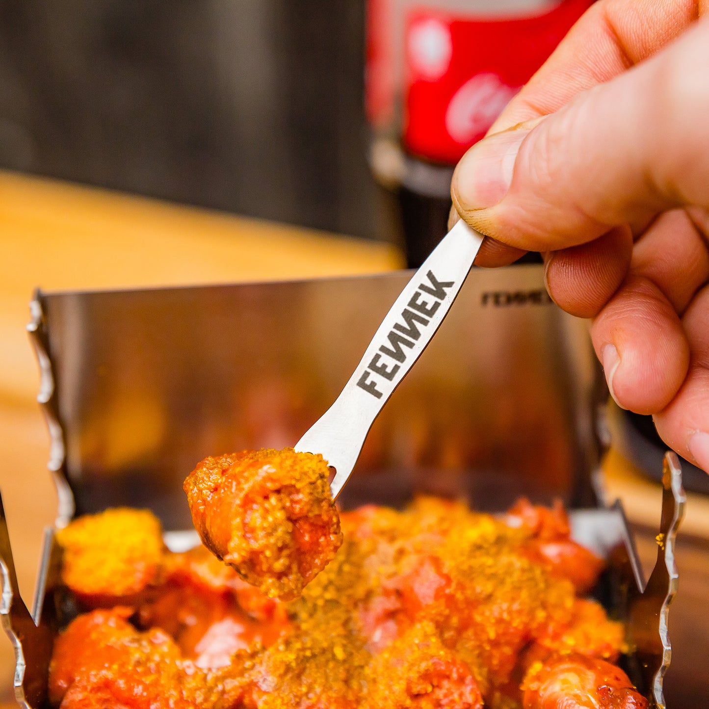 Edelstahl Pommesgabel mit FENNEK Schriftzug im Griff mit Currywurst