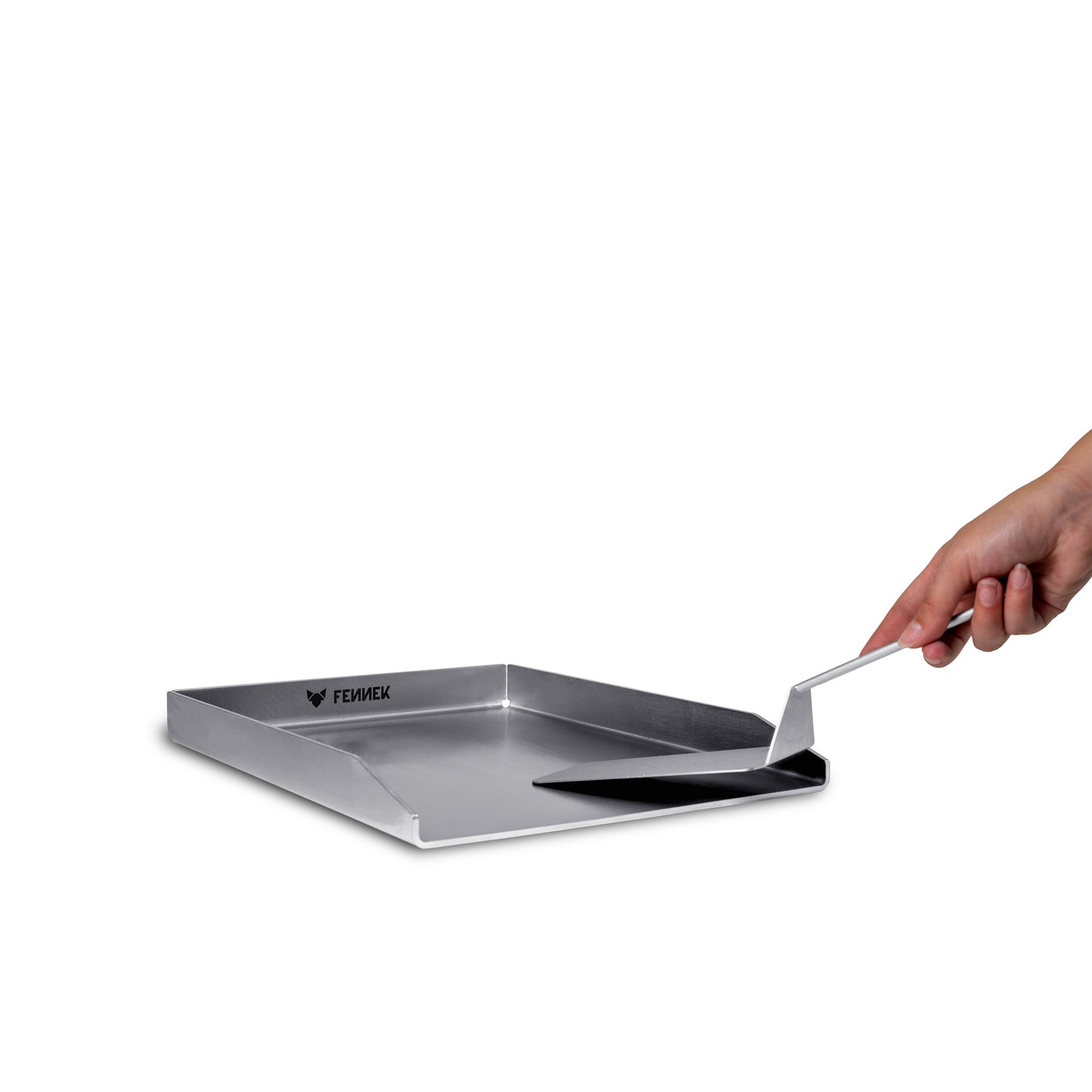 Freisteller der FENNEK Plancha 40 x 30 cm - Made in Germany. Mit BBQ Wender.
