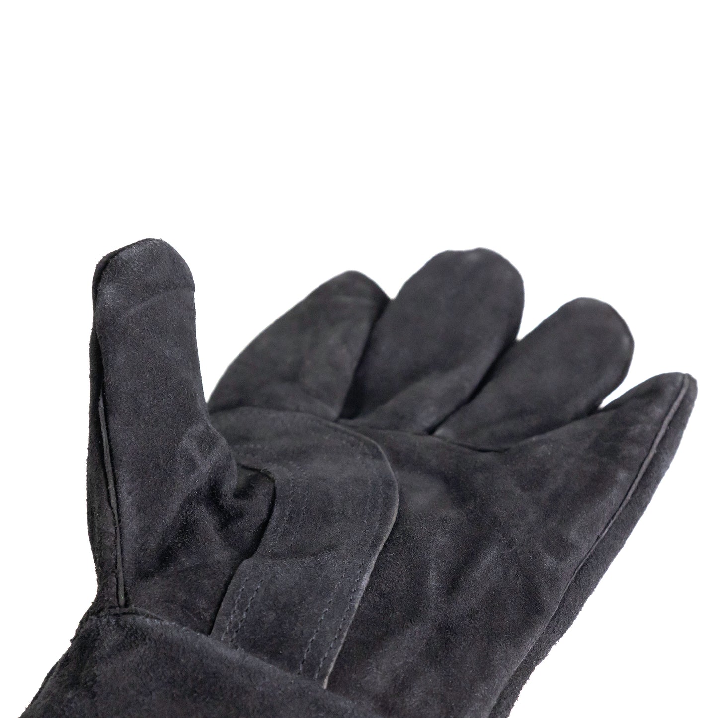 Nahaufnahme von der Handinnenfläche des schwarzen Grillhandschuh aus Leder.