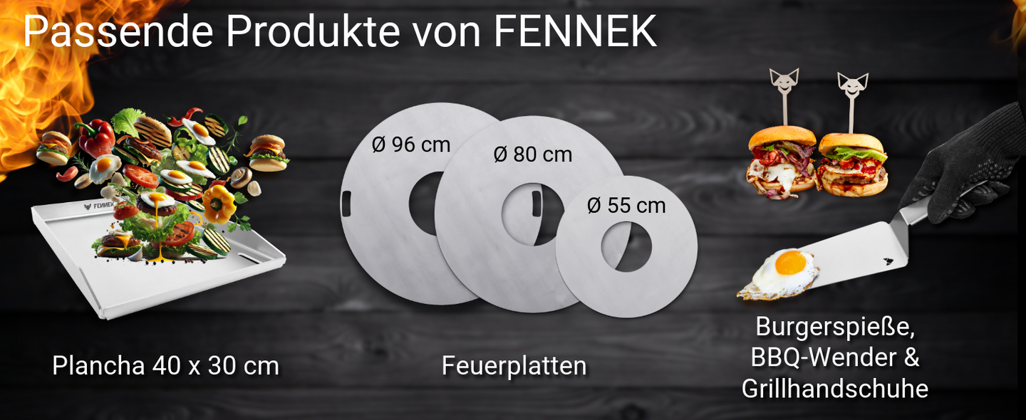 Bild zeigt die passenden Produkte zu der FENNEK Grillschürze, wie die Plancha, die Feuerplatten, der BBQ-Wender, Grillhandschuhe und die Burgerspieße.