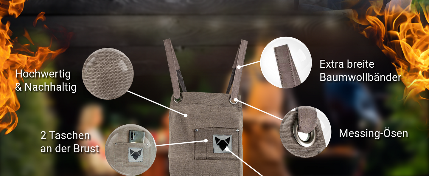 Bild zeigt den oberen Teil der FENNEK Grillschürze aus Baumwolle, links und rechts in den Ecken sieht man Flammen. Kleine Detailbilder zeigen den Stoff, die zwei Taschen an der Brust, die Baumwollträger und die Messing-Ösen.