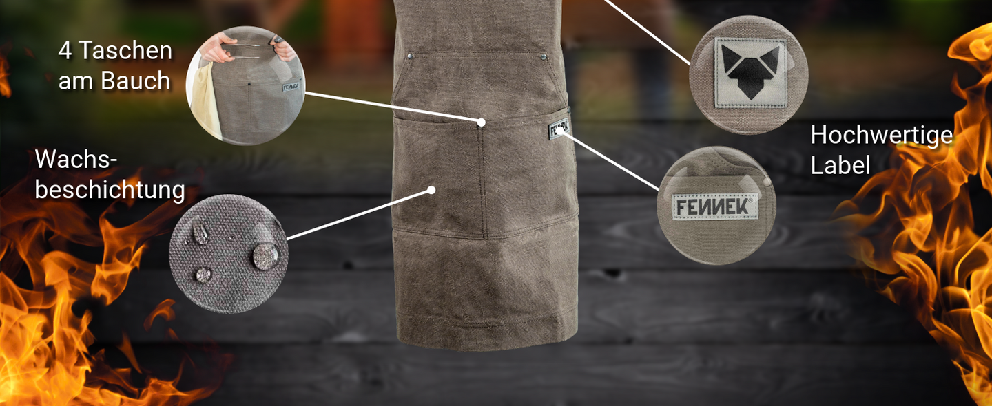 Bild zeigt den unteren Teil der FENNEK Grillschürze aus Baumwolle, links und rechts in den Ecken sieht man Flammen. Kleine Detailbilder zeigen die hochwertigen Label, die vier Taschen am Bauch und die Wachsbeschichtung.