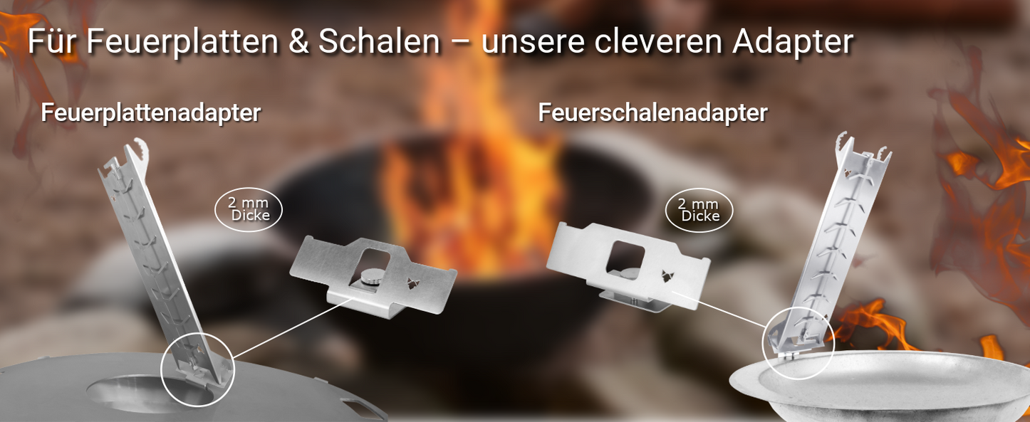 Das Bild zeigt beide FENNEK Adapter für die Flammlachshalter. Links im Bild sieht man den Feuerplattenadapter und rechts im Bild den Feuerschalenadapter.