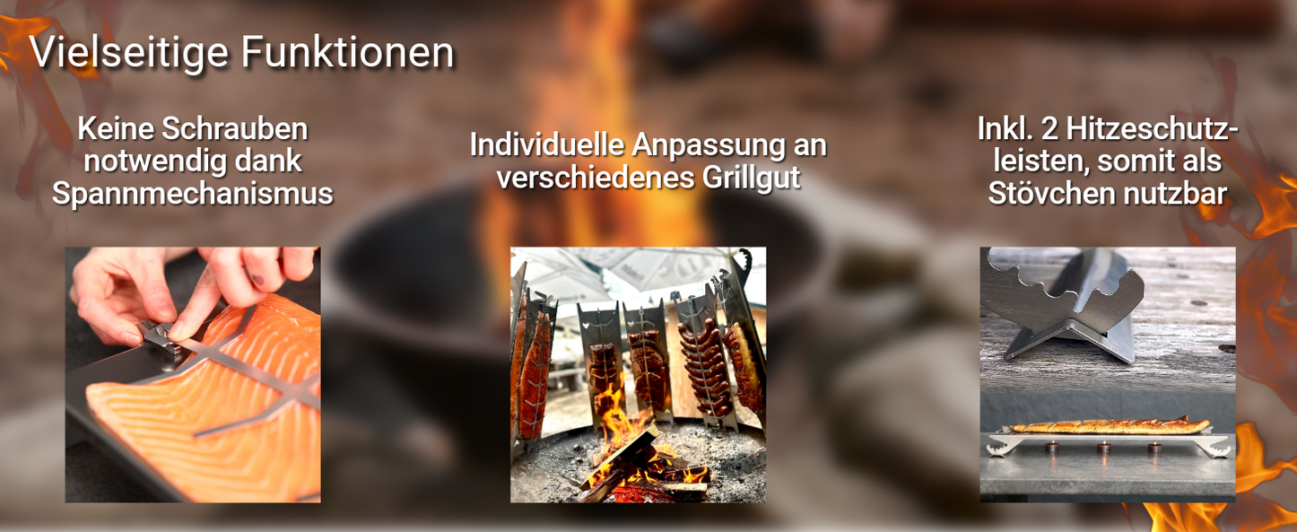 Das Bild zeigt die vielseitigen Funktionen vom FENNEK Flammlachshalter. Zum einen sind keine Schrauben notwendig und er lässt sich auf verschiedenes Grillgut anpassen, wie Würstchen, Hühnchen und Rippchen. Außerdem wird er mit zwei Hitzeschutzleisten geliefert und damit ist eine Verwendung als Stövchen möglich.