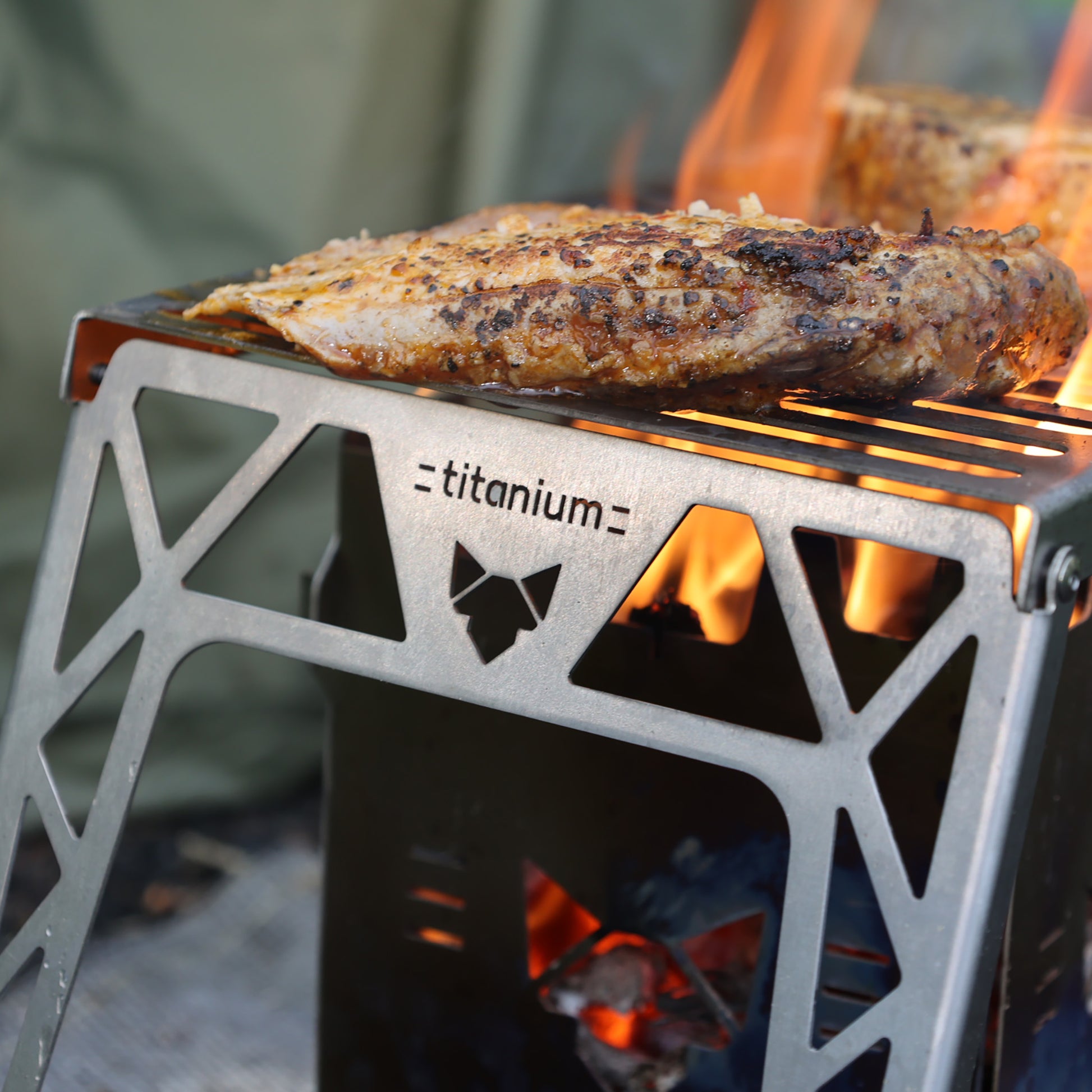 Sehr schön gegrilltes mariniertes Geflügel-Filet das auf dem Klapprost mit FENNEK Titanium-Schriftzug liegt und über den Flammen eines Hobokochers zubereitet wird.