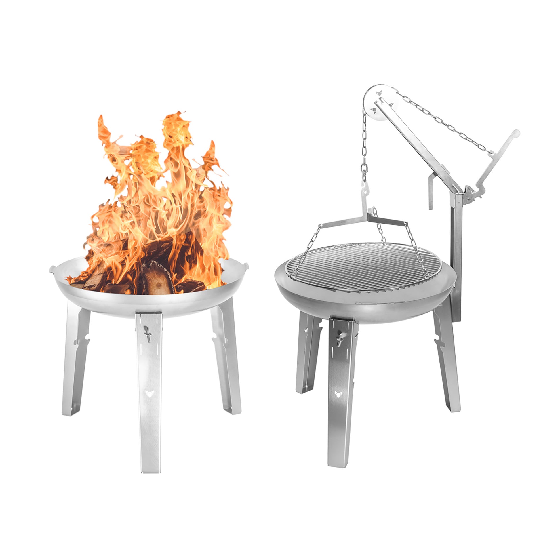 Zwei Freisteller der FENNEK Feuerschale Allround. Links ohne Erweiterung und rechts mit der Erweiterung des Schwenkgrills.