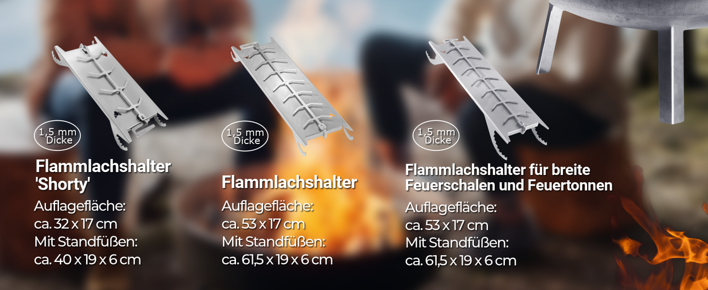 Bild zeigt die drei verschiedenen Varianten von den FENNEK Flammlachshaltern. Links der Shorty, in der Mitte der Normale und rechts der für breite Feuerschalen und Feuertonnen. Unter jedem Flammlachshalter ist eine kurze Beschreibung der Maße zu sehen.