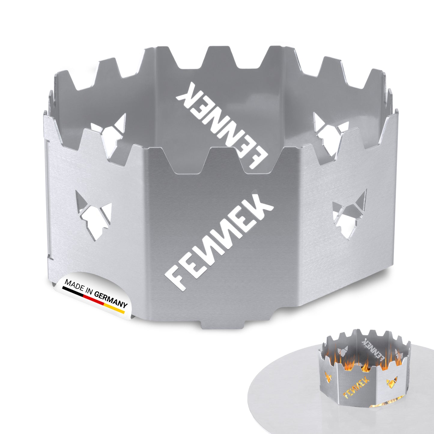 FENNEK Wok-Krone aus hochwertigem Edelstahl für Feuerplatten und Grillringe mit 20er Öffnung. Made in Germany.