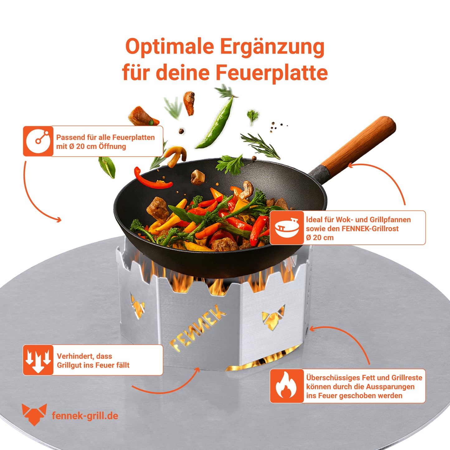 Details zum FENNEK Wokaufsatz für Feuerplatten und Grillringe mit einer 20 cm Öffnung. Made in Germany aus hochwertigem Edelstahl.