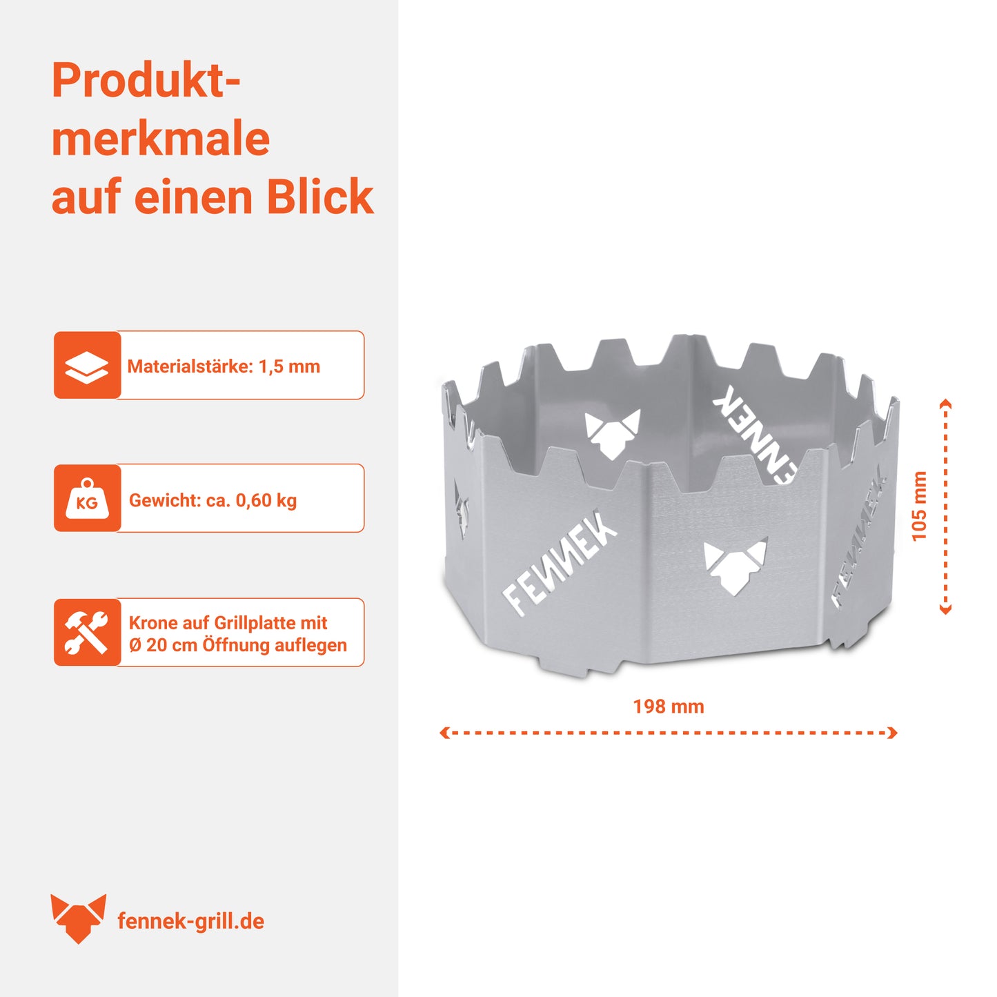 Details zum FENNEK Wokaufsatz für Feuerplatten und Grillringe mit einer 20 cm Öffnung. Made in Germany aus hochwertigem Edelstahl.