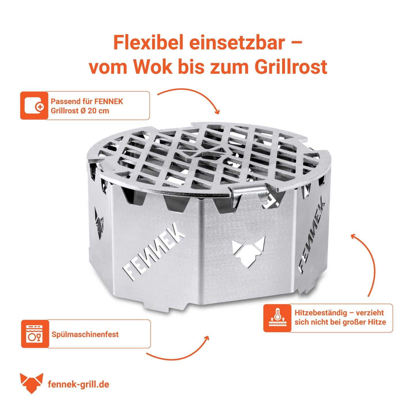 Details zum FENNEK Wokaufsatz für Feuerplatten und Grillringe mit einer 20 cm Öffnung. Made in Germany aus hochwertigem Edelstahl.